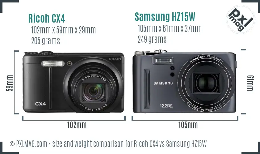 Ricoh CX4 vs Samsung HZ15W size comparison