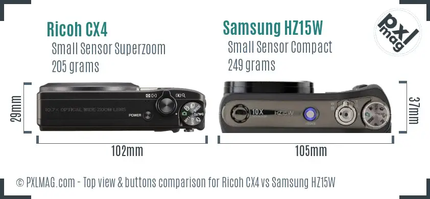 Ricoh CX4 vs Samsung HZ15W top view buttons comparison