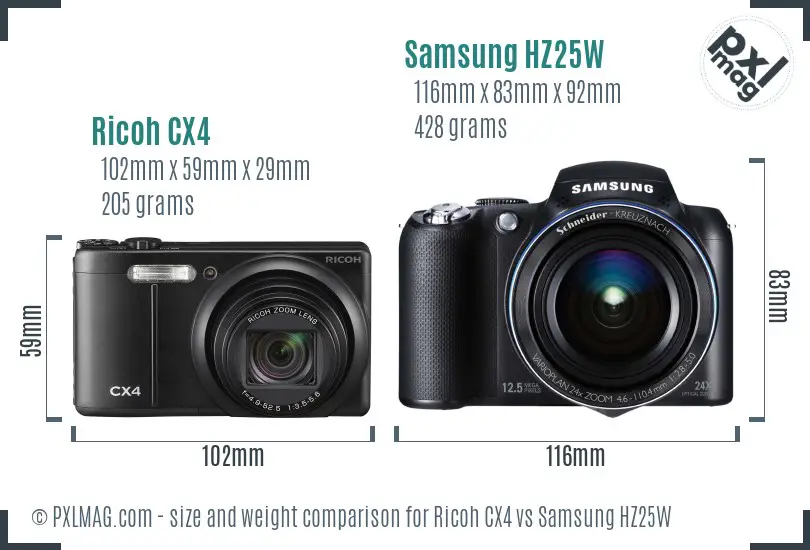 Ricoh CX4 vs Samsung HZ25W size comparison