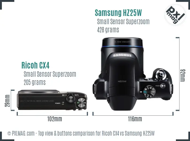 Ricoh CX4 vs Samsung HZ25W top view buttons comparison