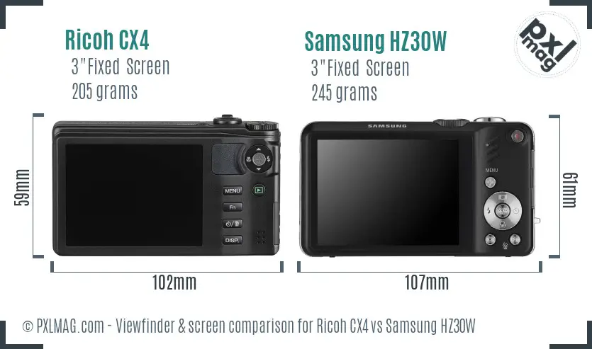 Ricoh CX4 vs Samsung HZ30W Screen and Viewfinder comparison