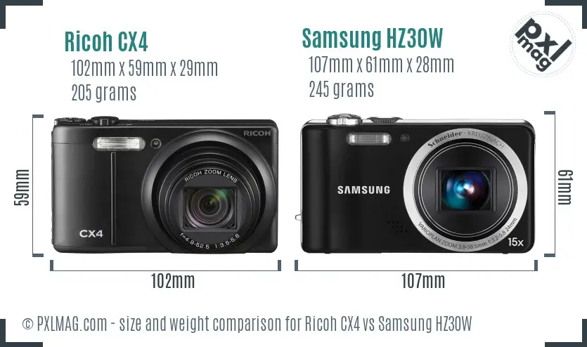 Ricoh CX4 vs Samsung HZ30W size comparison
