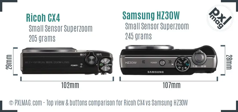 Ricoh CX4 vs Samsung HZ30W top view buttons comparison