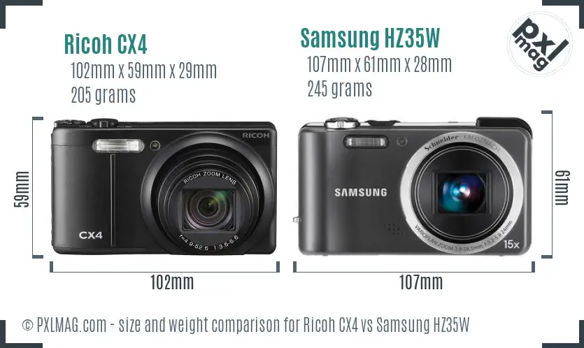 Ricoh CX4 vs Samsung HZ35W size comparison