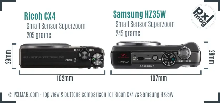 Ricoh CX4 vs Samsung HZ35W top view buttons comparison