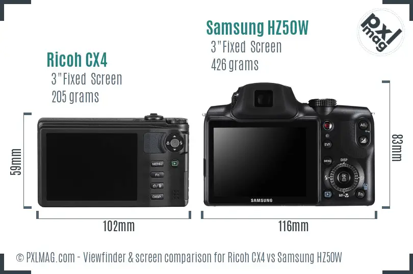 Ricoh CX4 vs Samsung HZ50W Screen and Viewfinder comparison