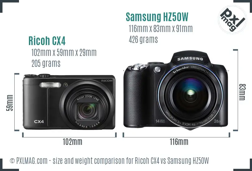 Ricoh CX4 vs Samsung HZ50W size comparison