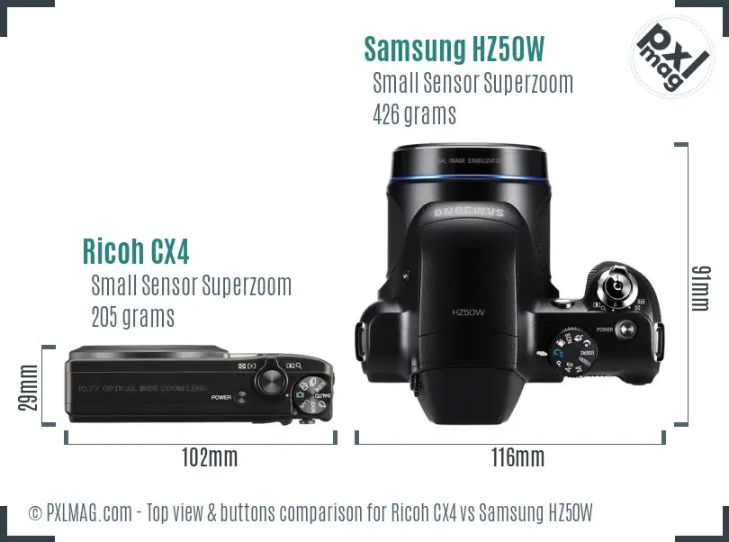 Ricoh CX4 vs Samsung HZ50W top view buttons comparison