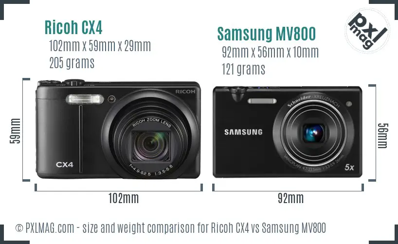 Ricoh CX4 vs Samsung MV800 size comparison
