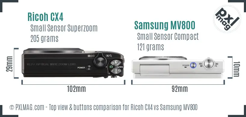 Ricoh CX4 vs Samsung MV800 top view buttons comparison