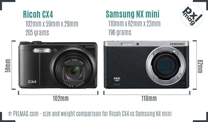 Ricoh CX4 vs Samsung NX mini size comparison