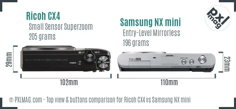 Ricoh CX4 vs Samsung NX mini top view buttons comparison
