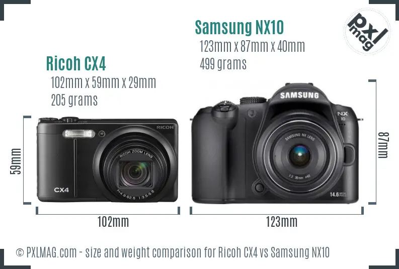 Ricoh CX4 vs Samsung NX10 size comparison