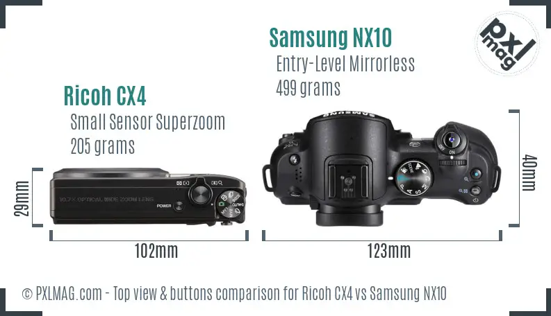 Ricoh CX4 vs Samsung NX10 top view buttons comparison