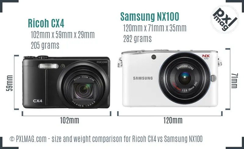 Ricoh CX4 vs Samsung NX100 size comparison