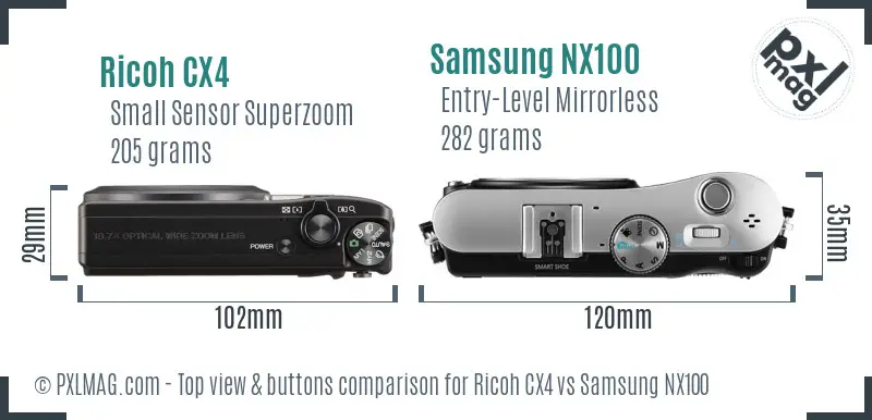 Ricoh CX4 vs Samsung NX100 top view buttons comparison