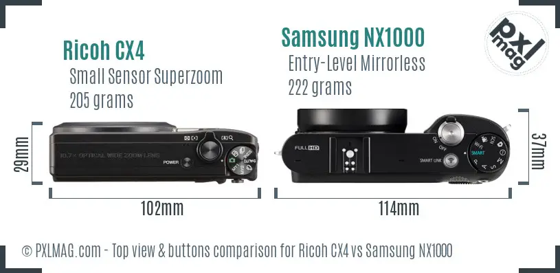Ricoh CX4 vs Samsung NX1000 top view buttons comparison
