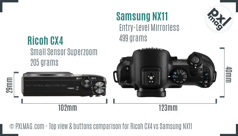 Ricoh CX4 vs Samsung NX11 top view buttons comparison