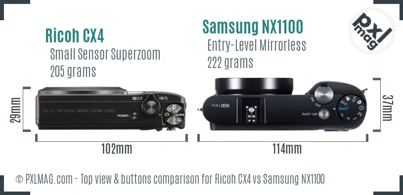 Ricoh CX4 vs Samsung NX1100 top view buttons comparison