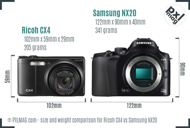 Ricoh CX4 vs Samsung NX20 size comparison