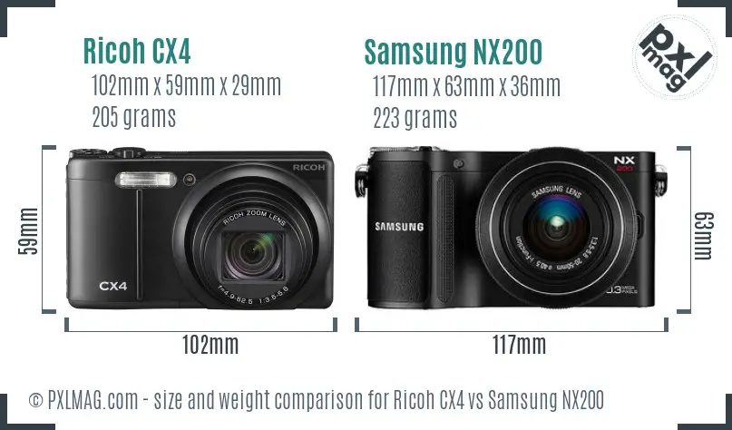 Ricoh CX4 vs Samsung NX200 size comparison