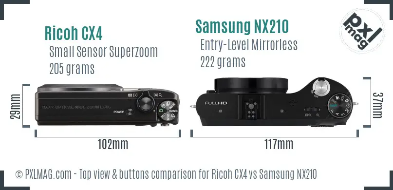 Ricoh CX4 vs Samsung NX210 top view buttons comparison