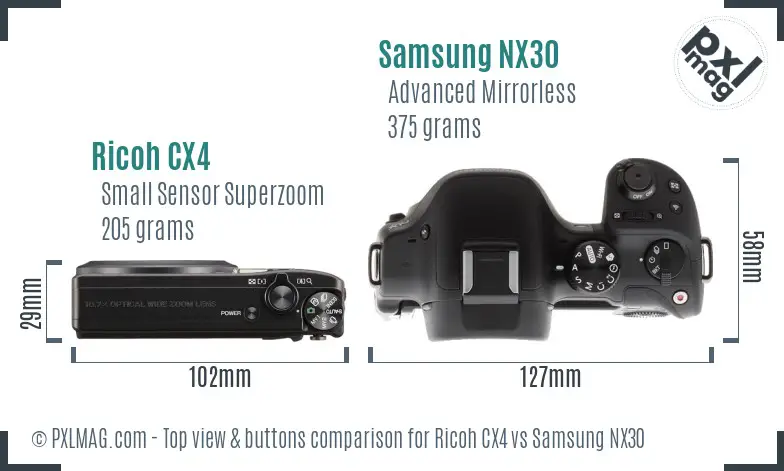 Ricoh CX4 vs Samsung NX30 top view buttons comparison