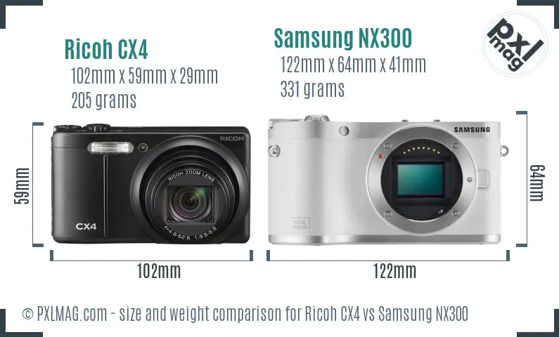 Ricoh CX4 vs Samsung NX300 size comparison