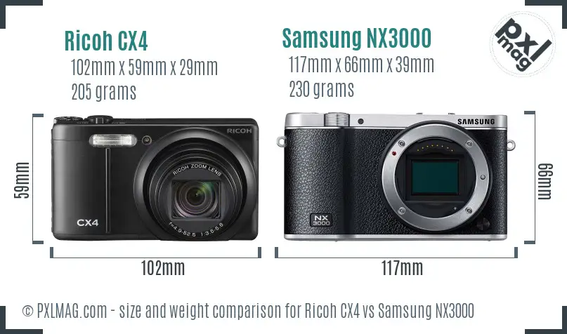 Ricoh CX4 vs Samsung NX3000 size comparison