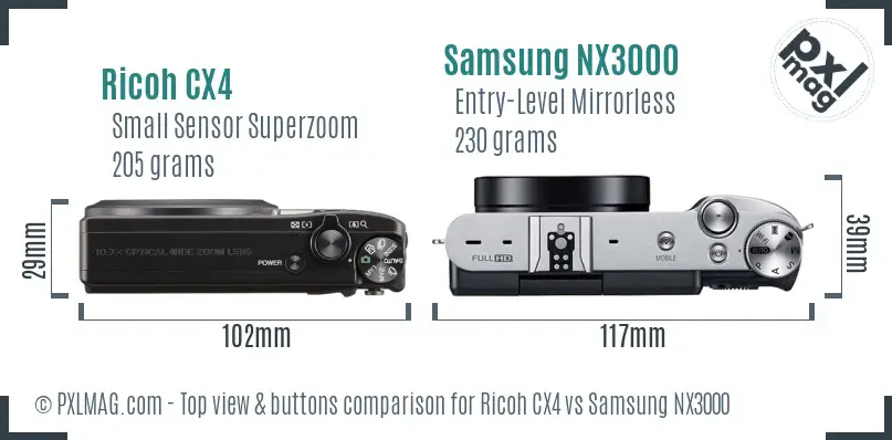 Ricoh CX4 vs Samsung NX3000 top view buttons comparison