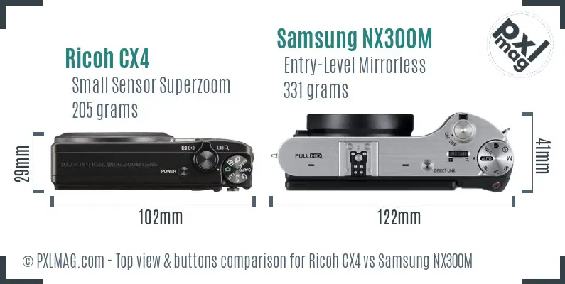 Ricoh CX4 vs Samsung NX300M top view buttons comparison