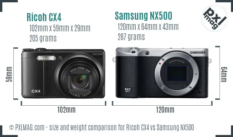 Ricoh CX4 vs Samsung NX500 size comparison