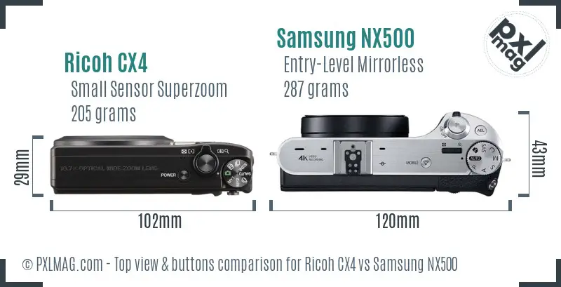 Ricoh CX4 vs Samsung NX500 top view buttons comparison