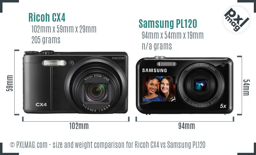 Ricoh CX4 vs Samsung PL120 size comparison