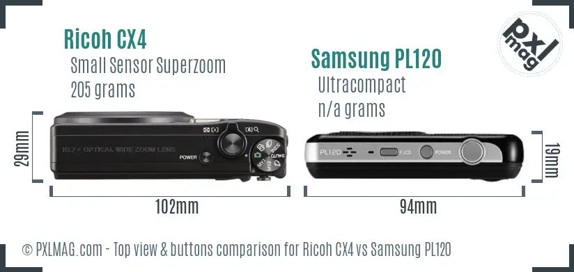 Ricoh CX4 vs Samsung PL120 top view buttons comparison