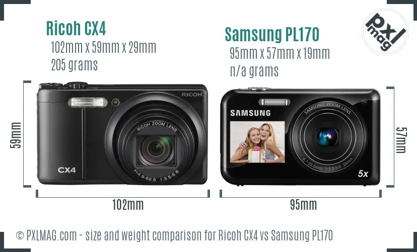 Ricoh CX4 vs Samsung PL170 size comparison