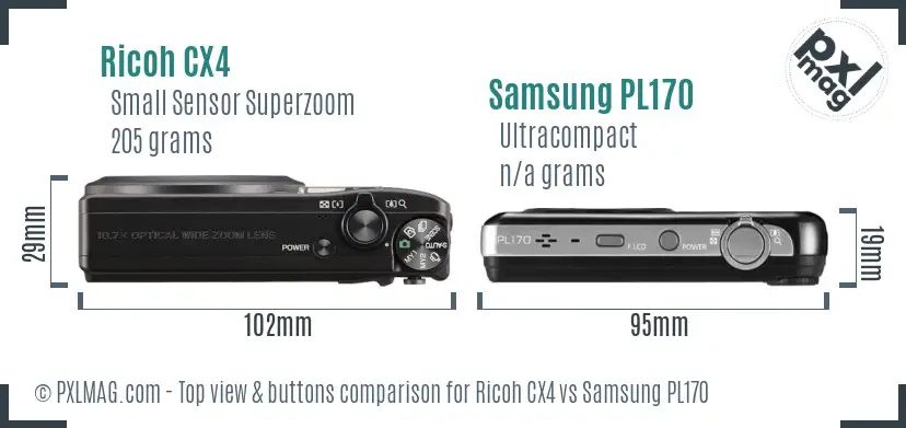 Ricoh CX4 vs Samsung PL170 top view buttons comparison