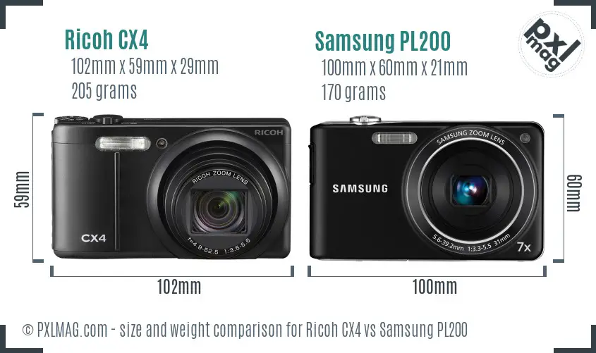 Ricoh CX4 vs Samsung PL200 size comparison