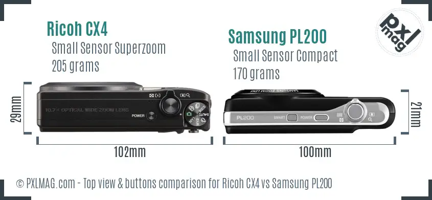 Ricoh CX4 vs Samsung PL200 top view buttons comparison