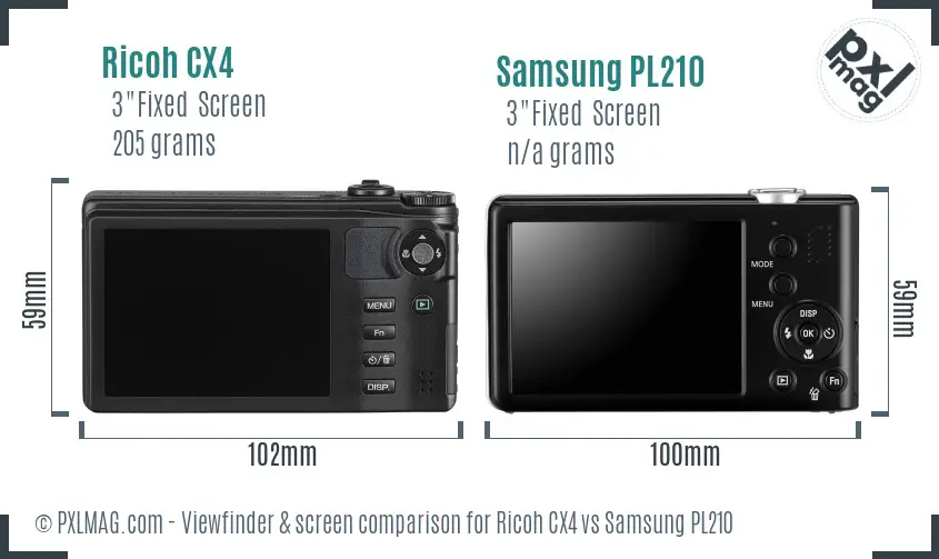 Ricoh CX4 vs Samsung PL210 Screen and Viewfinder comparison