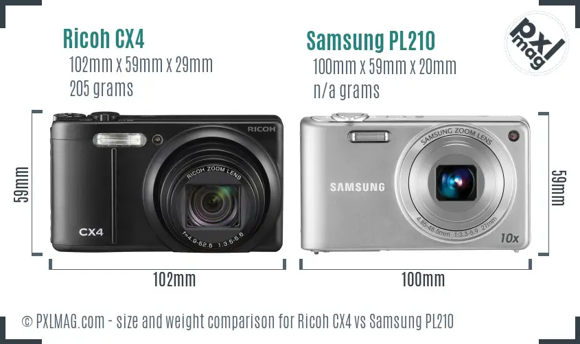 Ricoh CX4 vs Samsung PL210 size comparison