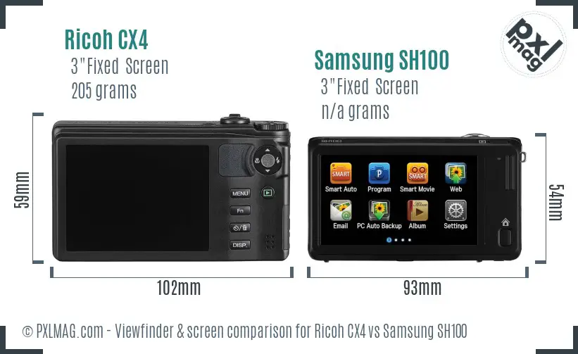 Ricoh CX4 vs Samsung SH100 Screen and Viewfinder comparison