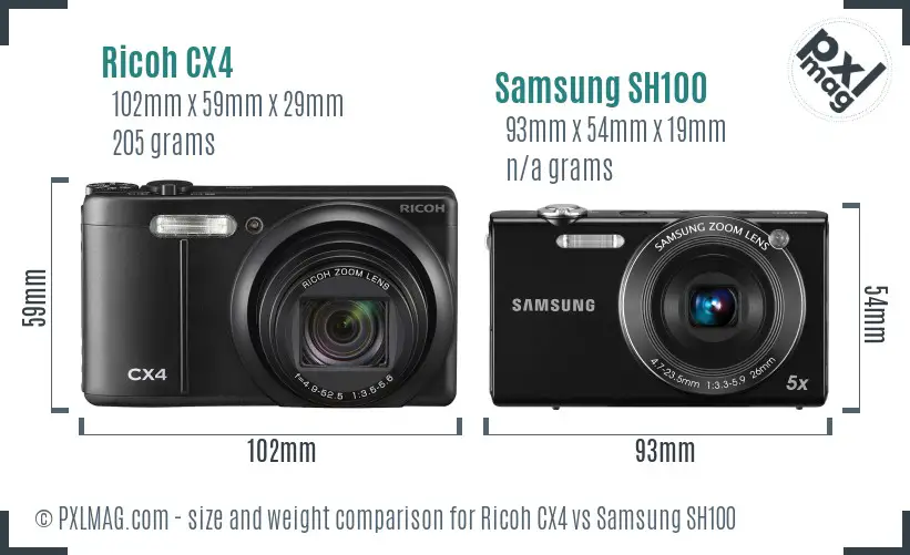 Ricoh CX4 vs Samsung SH100 size comparison