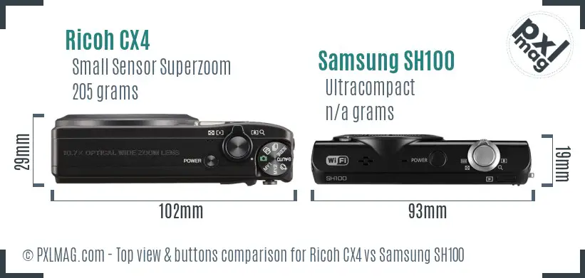 Ricoh CX4 vs Samsung SH100 top view buttons comparison