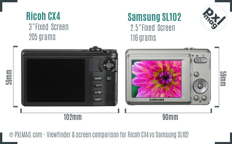 Ricoh CX4 vs Samsung SL102 Screen and Viewfinder comparison