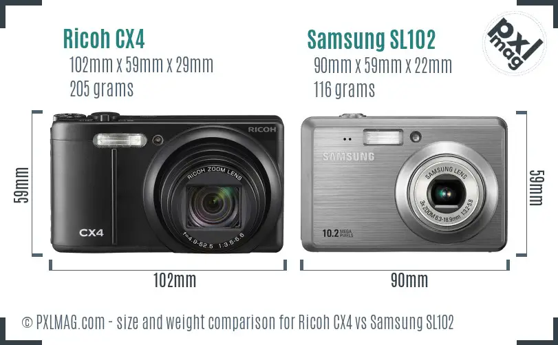Ricoh CX4 vs Samsung SL102 size comparison