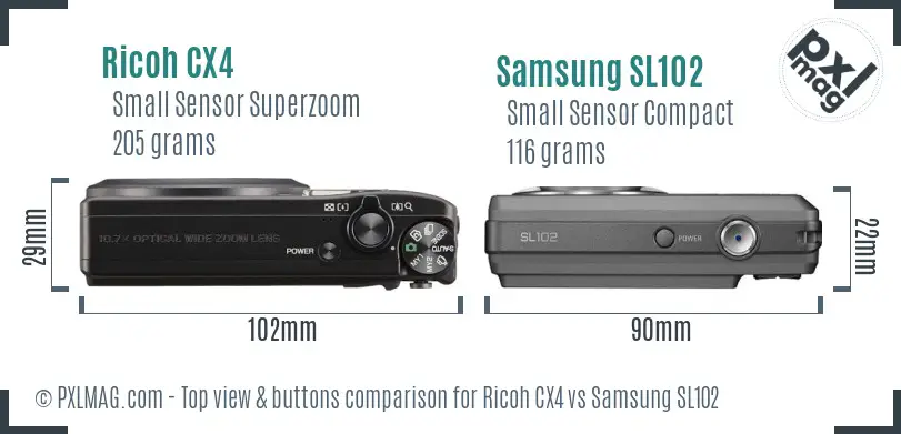 Ricoh CX4 vs Samsung SL102 top view buttons comparison