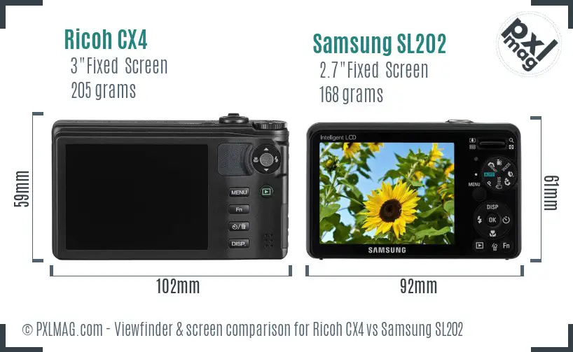 Ricoh CX4 vs Samsung SL202 Screen and Viewfinder comparison