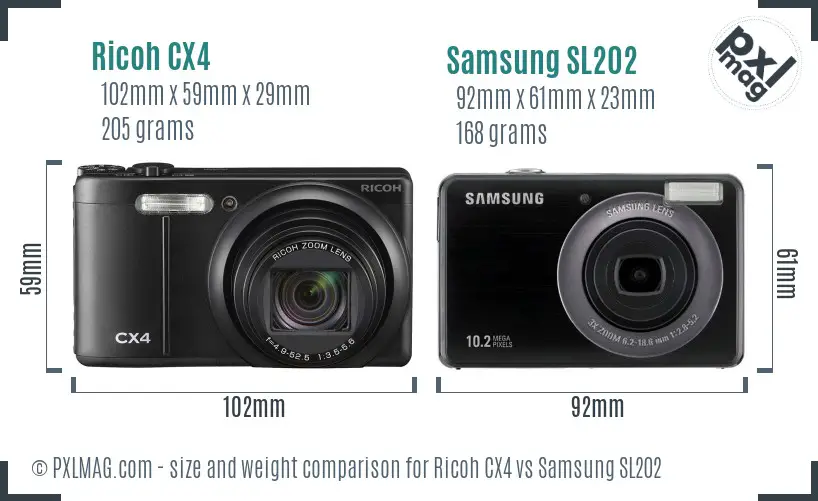 Ricoh CX4 vs Samsung SL202 size comparison
