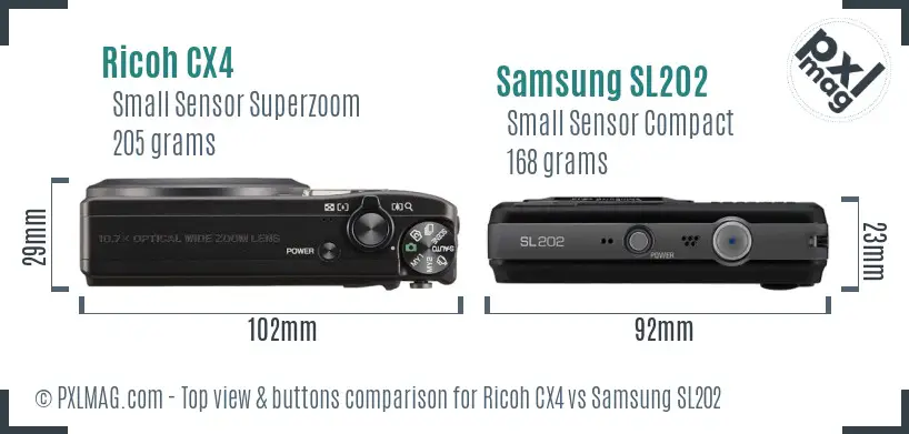 Ricoh CX4 vs Samsung SL202 top view buttons comparison